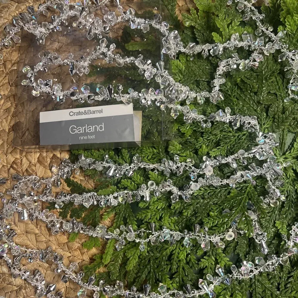 Crate & Barrel 9' Iridescent Silver Crystal Facet Bead Christmas Garland Beaded